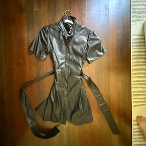JCrew Black Leather Short Sleeve Belted Shirt Dress NWT